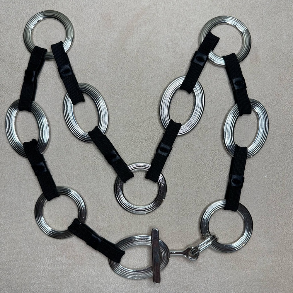 Metal Link Leather Elastic Dress Belt Silver Black Women’s Size Medium